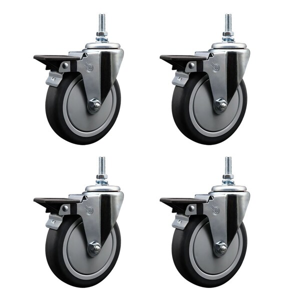 6 Inch Thermoplastic Rubber 12 MM Threaded Stem Caster Set with Brake